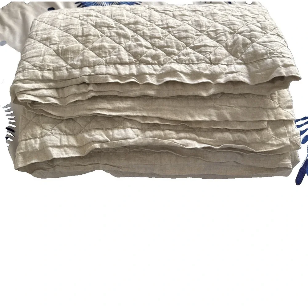 Pottery Barn Belgian Flax Linen Diamond‎ Quilt Full/Queen Beige Natural Bedding